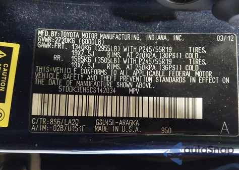 2012 Toyota Highlander Limited V6 z USA, uszkodzony, nr VIN 5TDDK3EH5CS142034